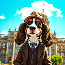 An anthropomorphic spaniel character dressed in a vintage government outfit, complete with a tailored suit and a bowler hat