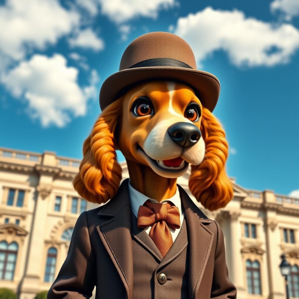 An anthropomorphic spaniel character dressed in a vintage government outfit, complete with a tailored suit and a bowler hat