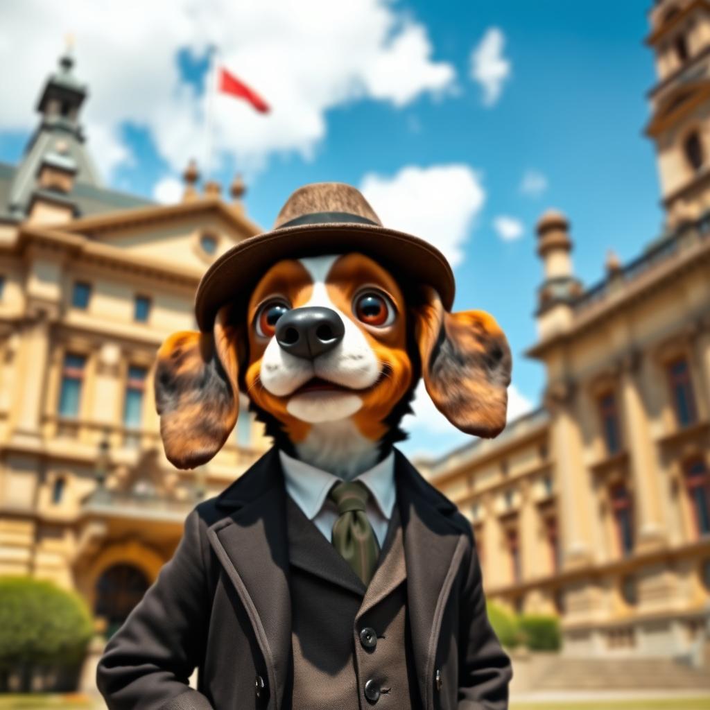 An anthropomorphic spaniel character dressed in a vintage government outfit, complete with a tailored suit and a bowler hat