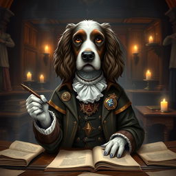 An anthropomorphic spaniel dressed as a governor in a fantasy Dungeons & Dragons setting