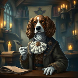 An anthropomorphic spaniel dressed as a governor in a fantasy Dungeons & Dragons setting