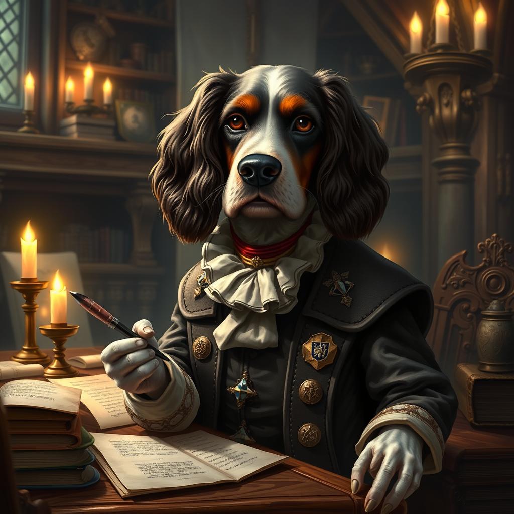 An anthropomorphic spaniel dressed as a governor in a fantasy Dungeons & Dragons setting