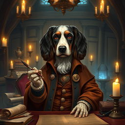 An anthropomorphic spaniel dressed as a governor in a fantasy Dungeons & Dragons setting