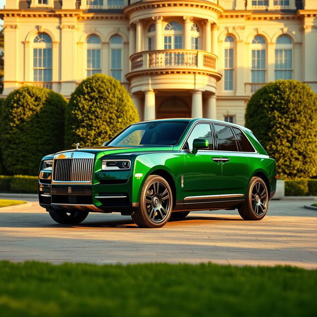 A stunning Rolls Royce Cullinan in a captivating shade of deep emerald green, parked elegantly in front of a luxurious mansion