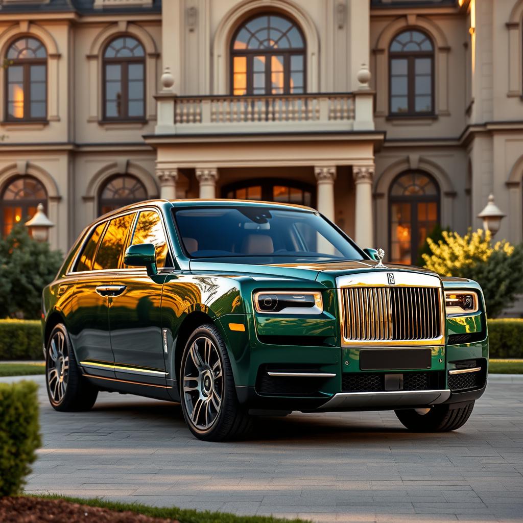A stunning Rolls Royce Cullinan in a captivating shade of deep emerald green, parked elegantly in front of a luxurious mansion