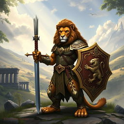 A majestic anthropomorphic lion character, styled for a Dungeons & Dragons theme, dressed in intricate armor adorned with tribal patterns, reflecting a royal lion guard aesthetic