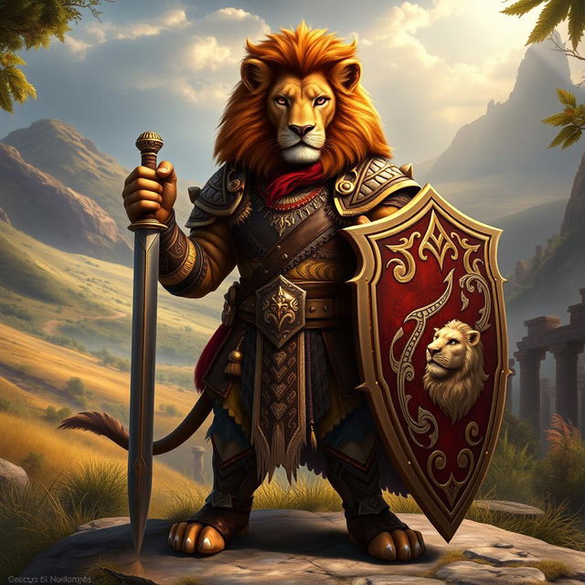 A majestic anthropomorphic lion character, styled for a Dungeons & Dragons theme, dressed in intricate armor adorned with tribal patterns, reflecting a royal lion guard aesthetic