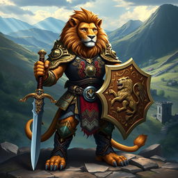 A majestic anthropomorphic lion character, styled for a Dungeons & Dragons theme, dressed in intricate armor adorned with tribal patterns, reflecting a royal lion guard aesthetic