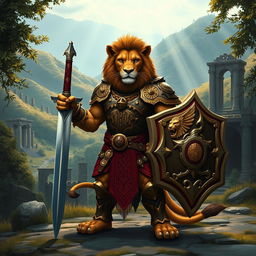 A majestic anthropomorphic lion character, styled for a Dungeons & Dragons theme, dressed in intricate armor adorned with tribal patterns, reflecting a royal lion guard aesthetic