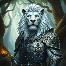 An anthropomorphic lion character with striking white fur, wearing ornate Dungeons and Dragons armor adorned with intricate patterns and symbols