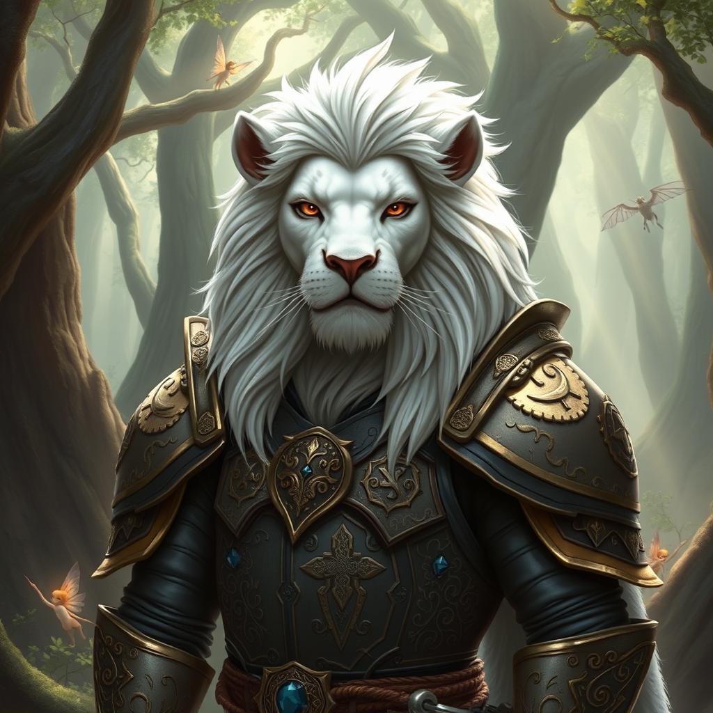 An anthropomorphic lion character with striking white fur, wearing ornate Dungeons and Dragons armor adorned with intricate patterns and symbols