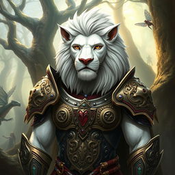 An anthropomorphic lion character with striking white fur, wearing ornate Dungeons and Dragons armor adorned with intricate patterns and symbols