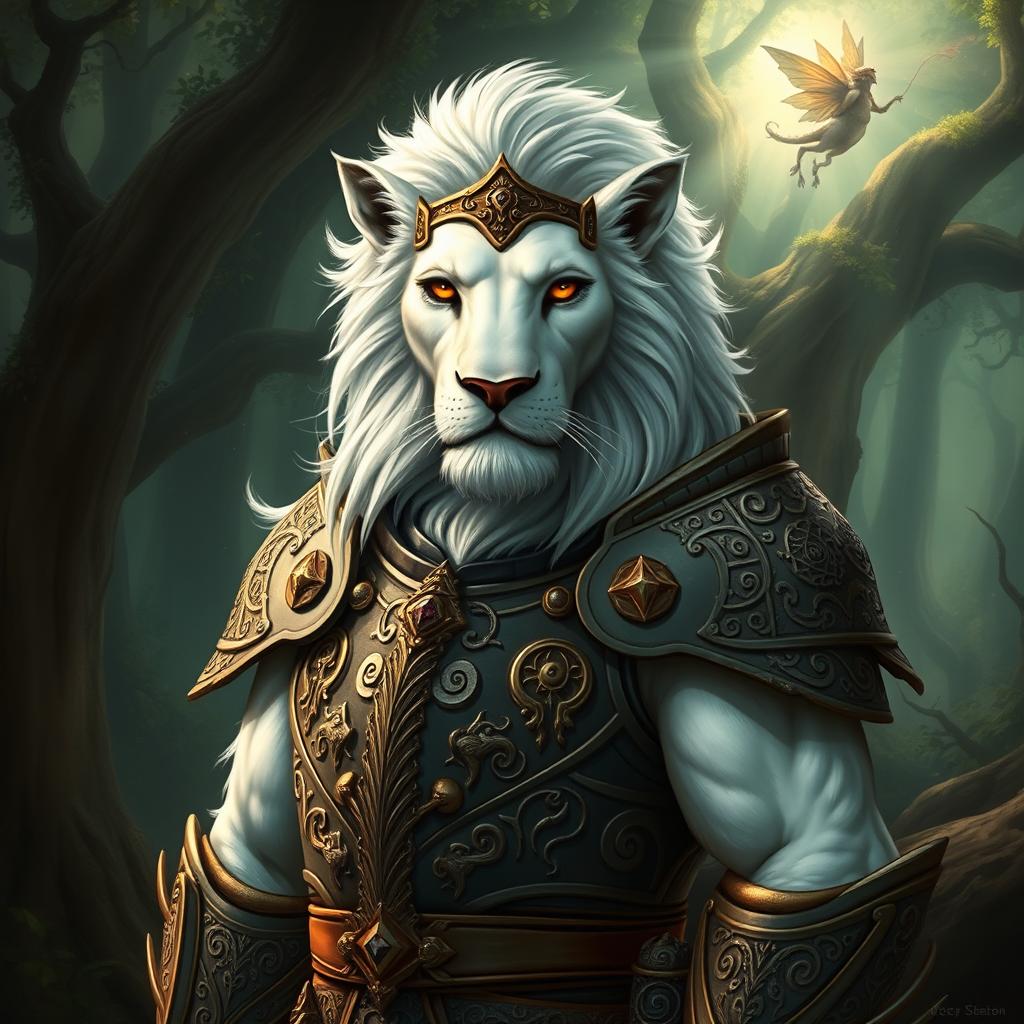 An anthropomorphic lion character with striking white fur, wearing ornate Dungeons and Dragons armor adorned with intricate patterns and symbols