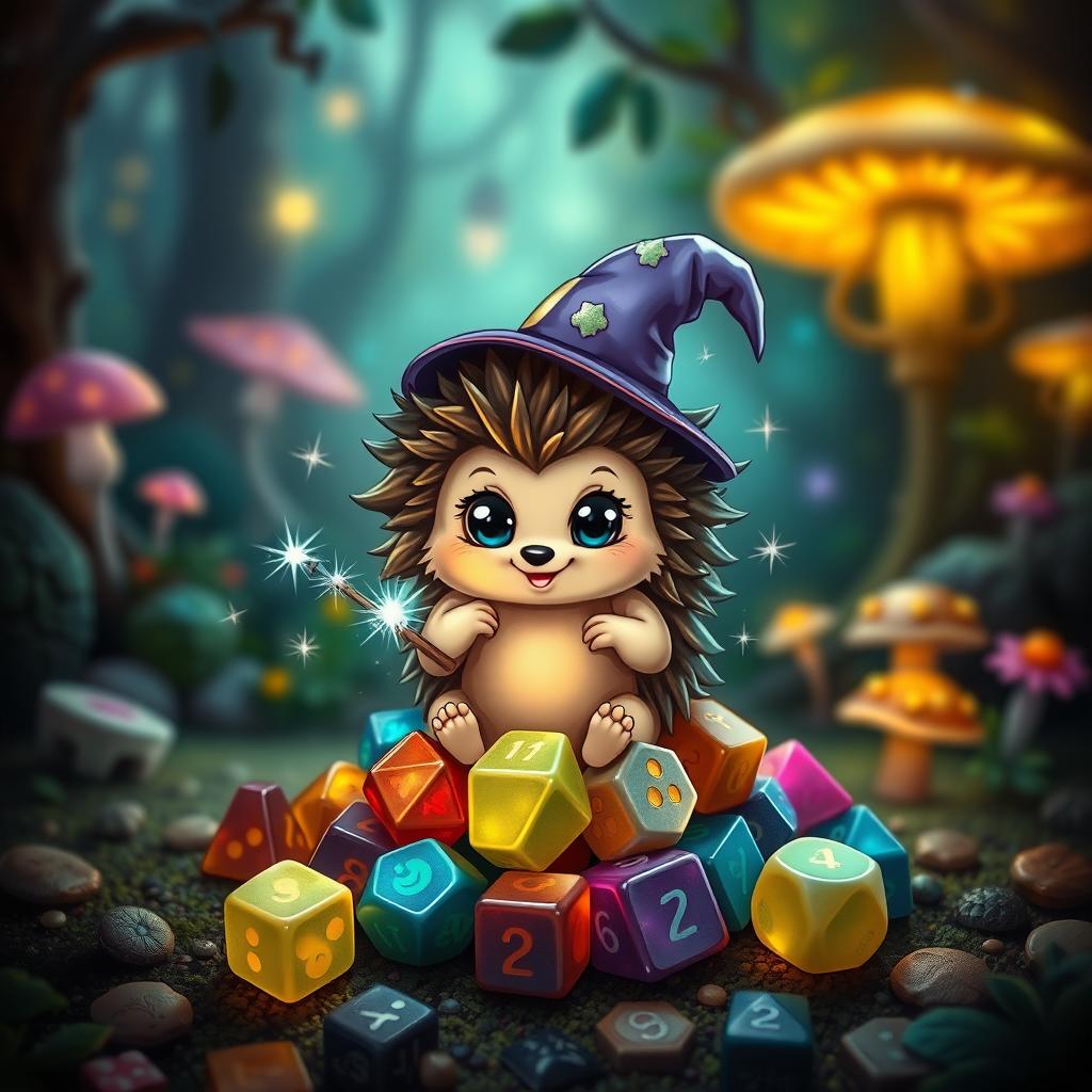 A cute fantasy hedgehog character, adorned with a tiny wizard hat and holding a small sparkly wand, sitting on a pile of colorful Dungeons & Dragons dice