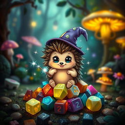 A cute fantasy hedgehog character, adorned with a tiny wizard hat and holding a small sparkly wand, sitting on a pile of colorful Dungeons & Dragons dice