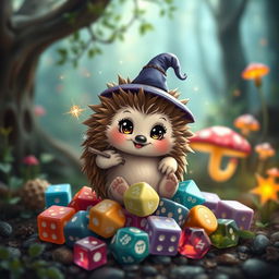 A cute fantasy hedgehog character, adorned with a tiny wizard hat and holding a small sparkly wand, sitting on a pile of colorful Dungeons & Dragons dice