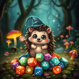 A cute fantasy hedgehog character, adorned with a tiny wizard hat and holding a small sparkly wand, sitting on a pile of colorful Dungeons & Dragons dice