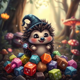 A cute fantasy hedgehog character, adorned with a tiny wizard hat and holding a small sparkly wand, sitting on a pile of colorful Dungeons & Dragons dice