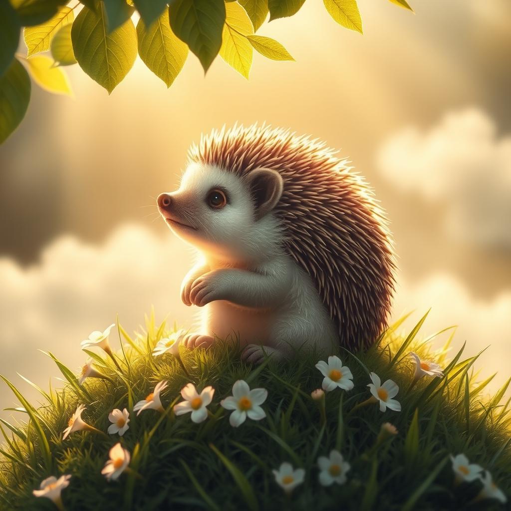 A holy and serene depiction of a hedgehog, surrounded by ethereal light and a gentle aura