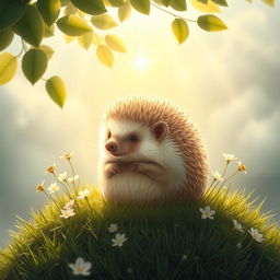 A holy and serene depiction of a hedgehog, surrounded by ethereal light and a gentle aura