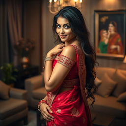 A seductive and alluring woman in traditional Indian attire, wearing a beautifully embroidered saree that beautifully highlights her curves