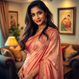 A seductive and alluring woman in traditional Indian attire, wearing a beautifully embroidered saree that beautifully highlights her curves