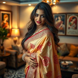 A seductive and alluring woman in traditional Indian attire, wearing a beautifully embroidered saree that beautifully highlights her curves