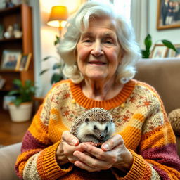 An elderly woman sitting in a cozy living room, gently holding a small, adorable hedgehog in her hands