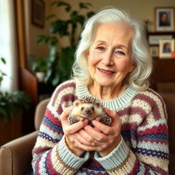 An elderly woman sitting in a cozy living room, gently holding a small, adorable hedgehog in her hands