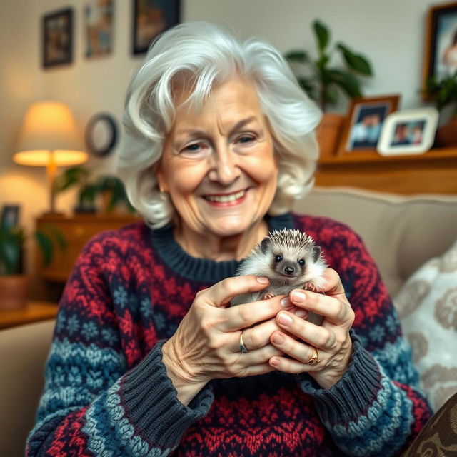 An elderly woman sitting in a cozy living room, gently holding a small, adorable hedgehog in her hands