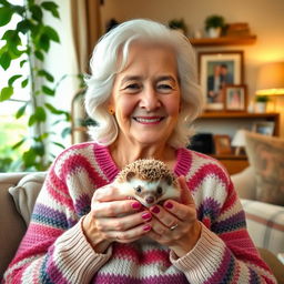 An elderly woman sitting in a cozy living room, gently holding a small, adorable hedgehog in her hands