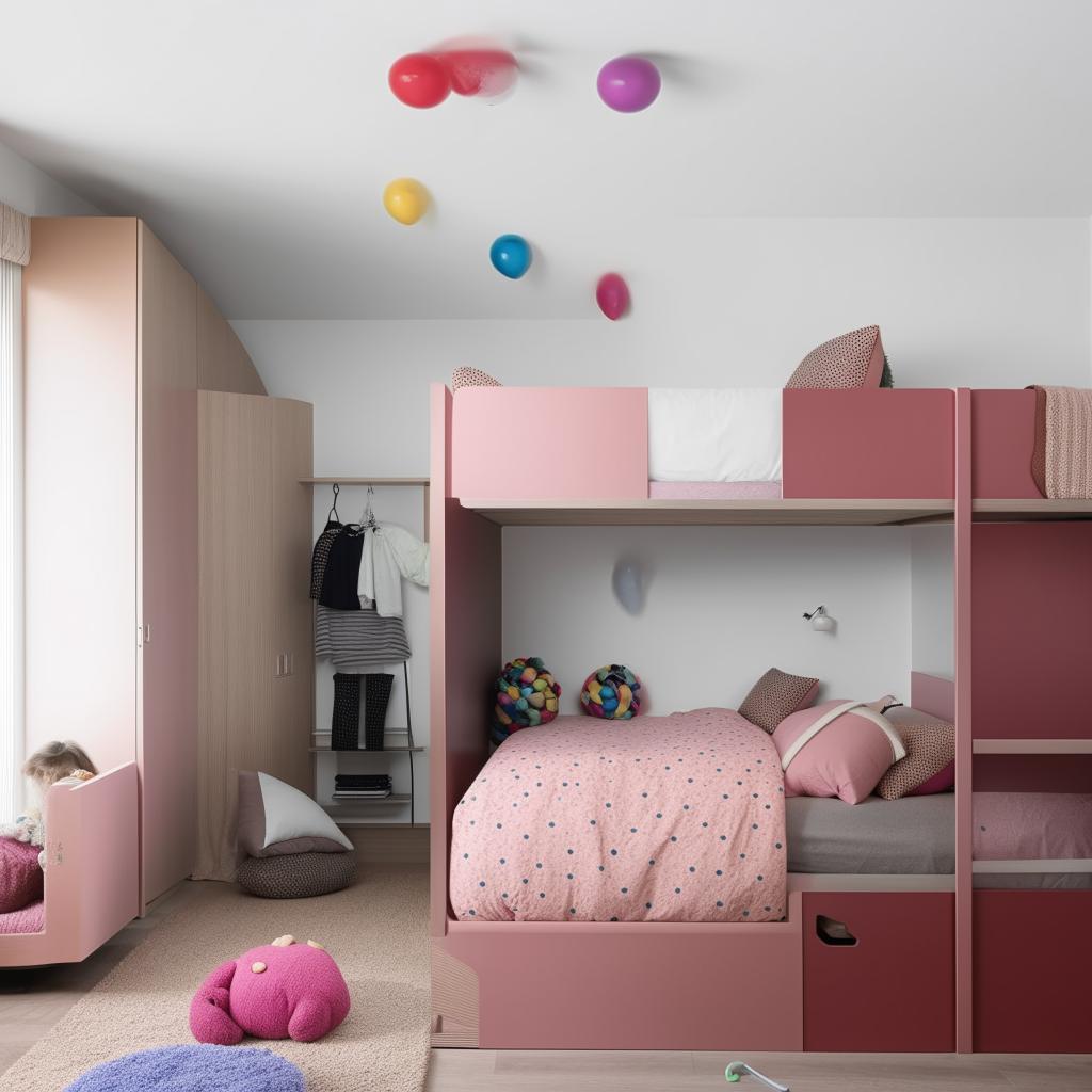 A simple but aesthetic bedroom designed for three teenagers, featuring shared and individual spaces, with trendy and colorful furniture.