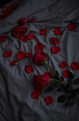 A sensual and intimate scene featuring a grey wrinkled bed sheet adorned with scattered red roses and petals, creating a romantic atmosphere