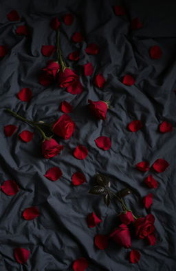 A sensual and intimate scene featuring a grey wrinkled bed sheet adorned with scattered red roses and petals, creating a romantic atmosphere