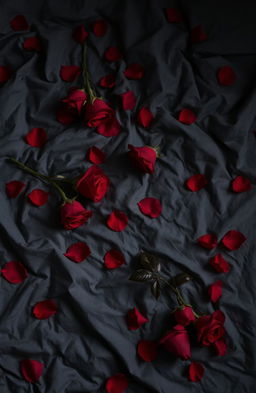 A sensual and intimate scene featuring a grey wrinkled bed sheet adorned with scattered red roses and petals, creating a romantic atmosphere