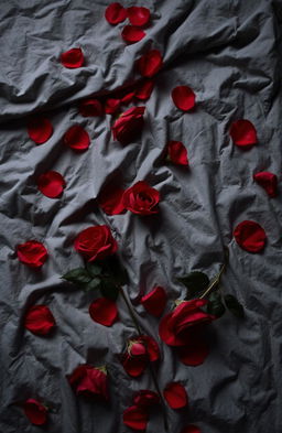 A sensual and intimate scene featuring a grey wrinkled bed sheet adorned with scattered red roses and petals, creating a romantic atmosphere