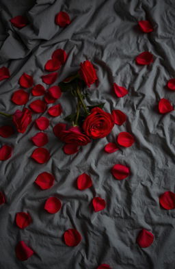 A sensual and intimate scene featuring a grey wrinkled bed sheet adorned with scattered red roses and petals, creating a romantic atmosphere