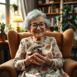 A charming scene featuring an elderly lady wearing a floral dress and round glasses, sitting comfortably in a cozy armchair