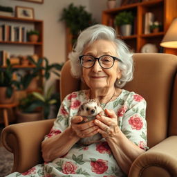 A charming scene featuring an elderly lady wearing a floral dress and round glasses, sitting comfortably in a cozy armchair