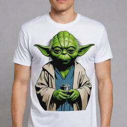 Cartoon-styled Yoda from Star Wars printed on a t-shirt