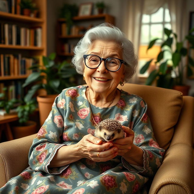 A charming scene featuring an elderly lady wearing a floral dress and round glasses, sitting comfortably in a cozy armchair