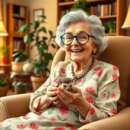 A charming scene featuring an elderly lady wearing a floral dress and round glasses, sitting comfortably in a cozy armchair