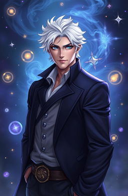 A handsome man with striking white hair, dressed in an elegant outfit, stands confidently