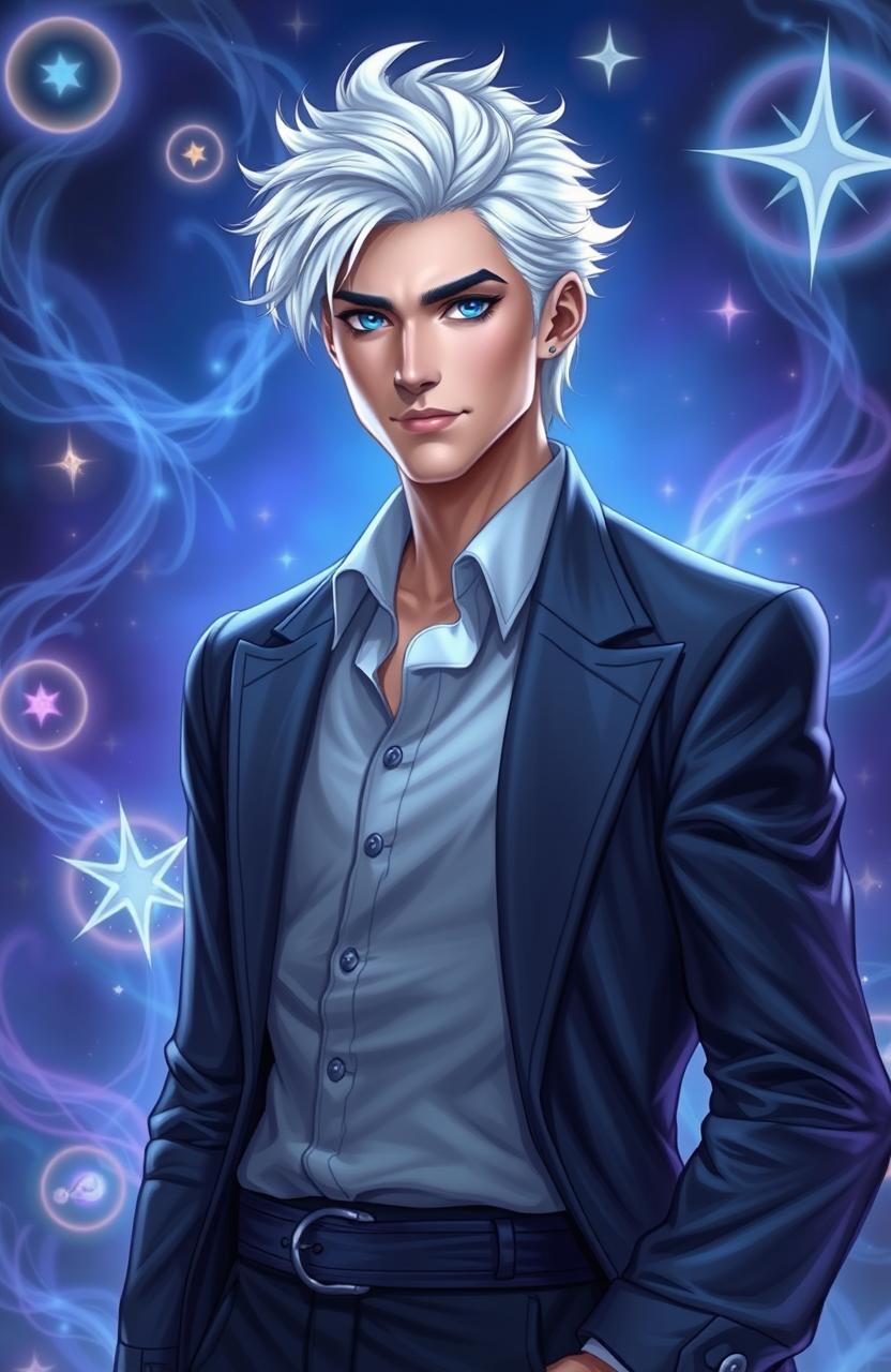 A handsome man with striking white hair, dressed in an elegant outfit, stands confidently