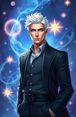 A handsome man with striking white hair, dressed in an elegant outfit, stands confidently