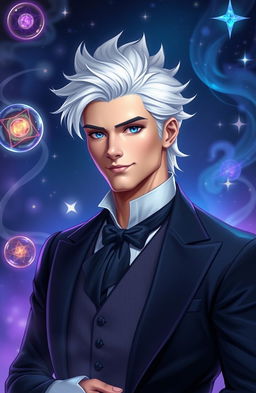 A handsome man with striking white hair, dressed in an elegant outfit, stands confidently