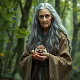 An elderly druid woman with long, flowing gray hair, wearing a robe made of natural materials like leaves and vines, standing in a mystical forest