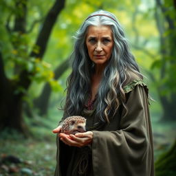 An elderly druid woman with long, flowing gray hair, wearing a robe made of natural materials like leaves and vines, standing in a mystical forest