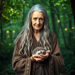 An elderly druid woman with long, flowing gray hair, wearing a robe made of natural materials like leaves and vines, standing in a mystical forest