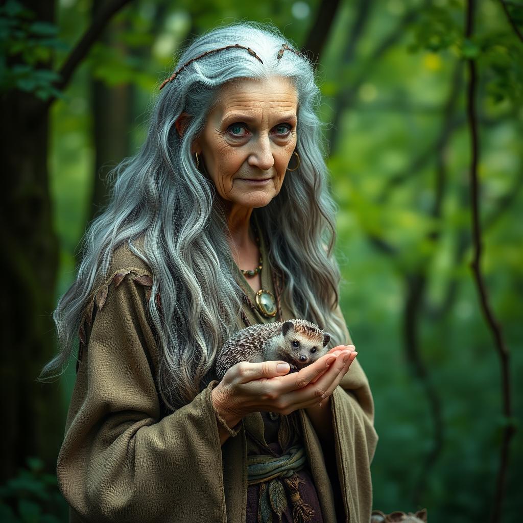 An elderly druid woman with long, flowing gray hair, wearing a robe made of natural materials like leaves and vines, standing in a mystical forest